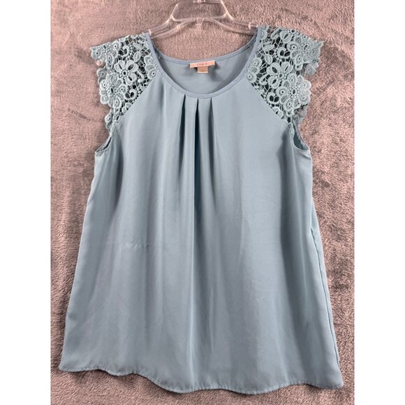 Loft Womens Light Blue Sleeveless Top With Lace Cap Sleeves Size M - Picture 1 of 8